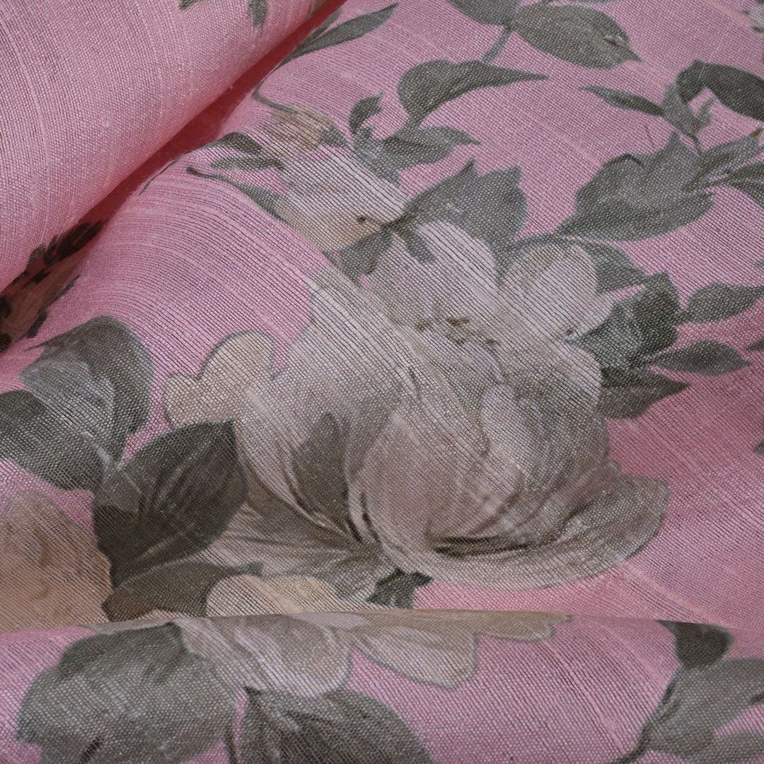 Pastel Pink Floral Printed Rawsilk Fabric