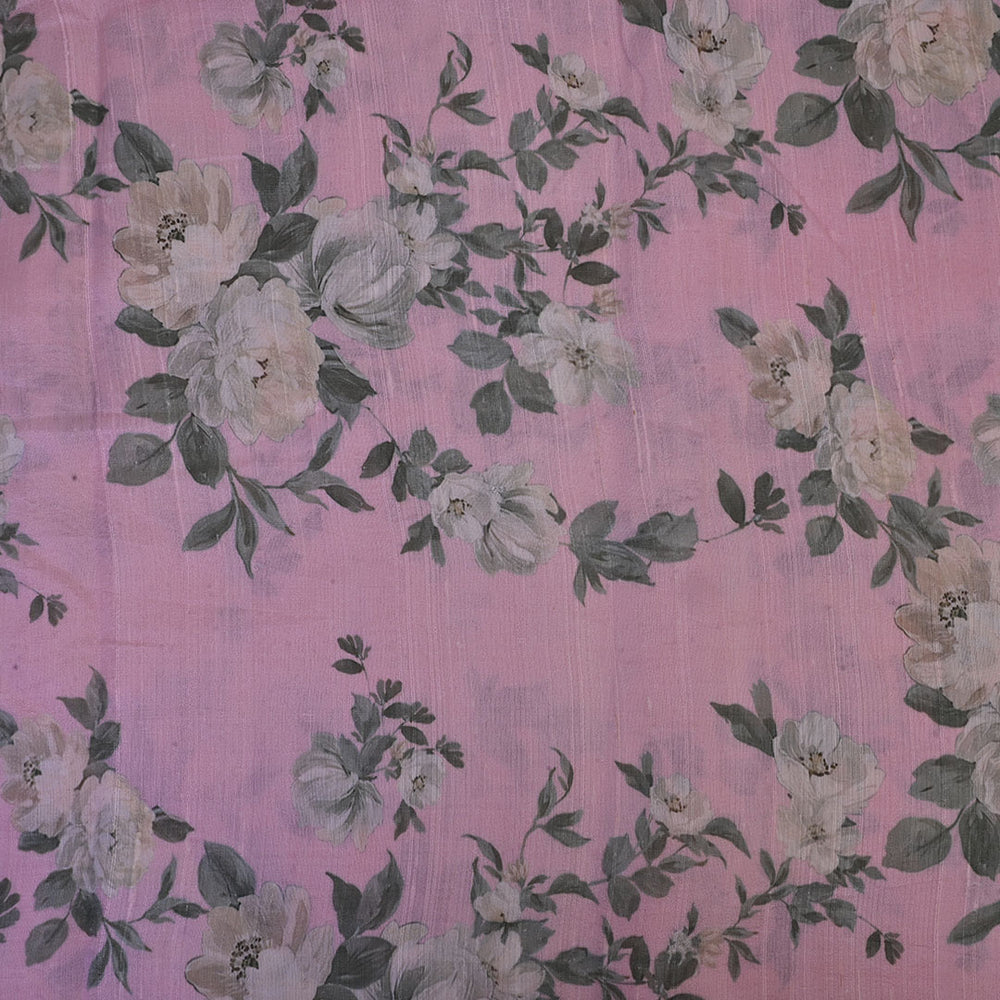 Pastel Pink Floral Printed Rawsilk Fabric