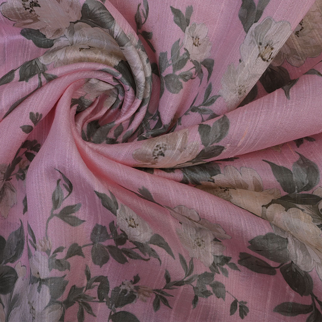 Pastel Pink Floral Printed Rawsilk Fabric