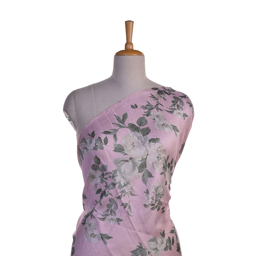 Pastel Pink Floral Printed Rawsilk Fabric