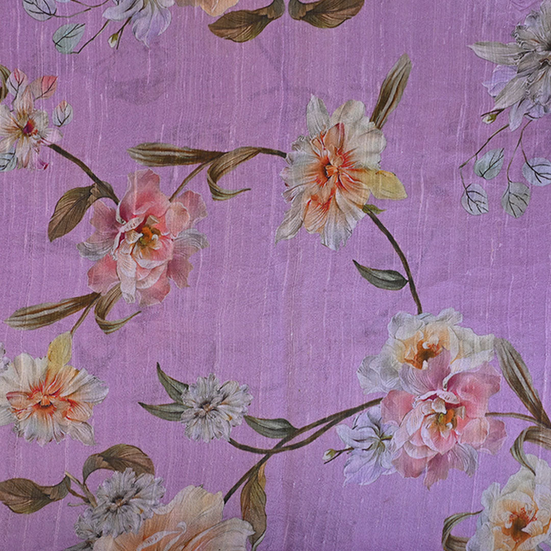 Fairytale Purple Floral Printed Raw Silk Fabric