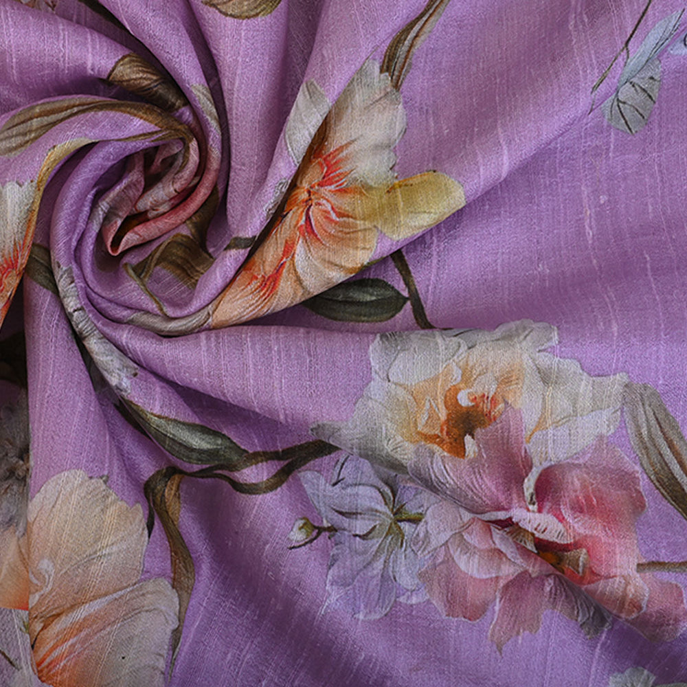 Fairytale Purple Floral Printed Raw Silk Fabric