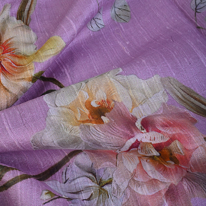 Fairytale Purple Floral Printed Raw Silk Fabric