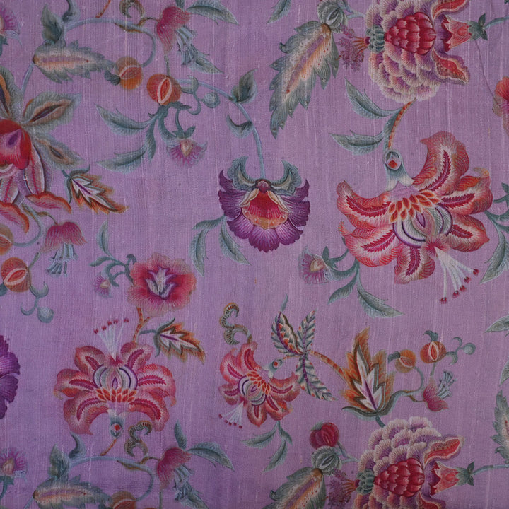 Early Bird Purple Floral Printed Rawsilk Fabric