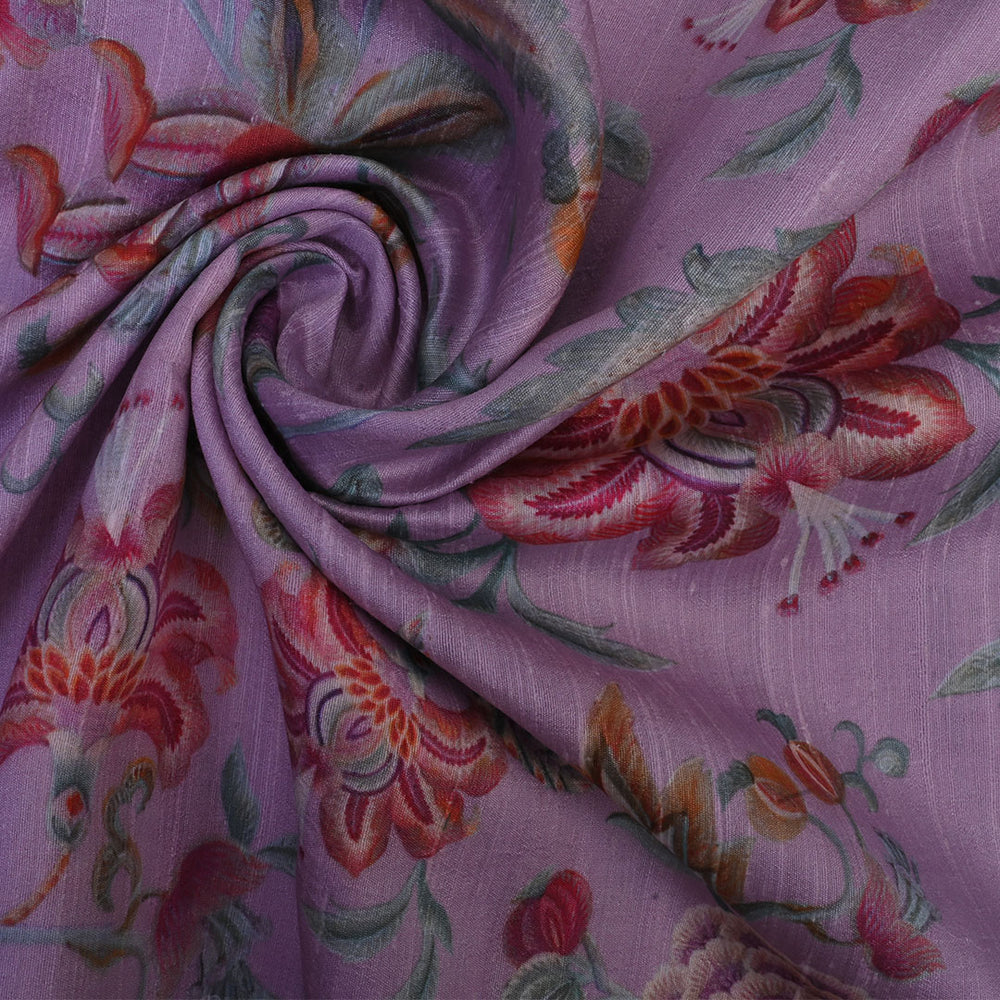 Early Bird Purple Floral Printed Rawsilk Fabric