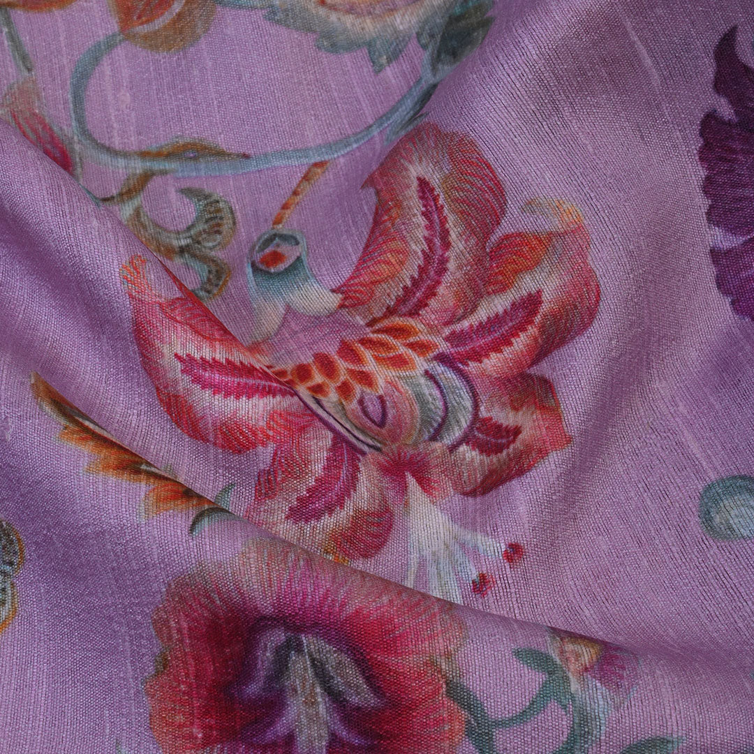 Early Bird Purple Floral Printed Rawsilk Fabric