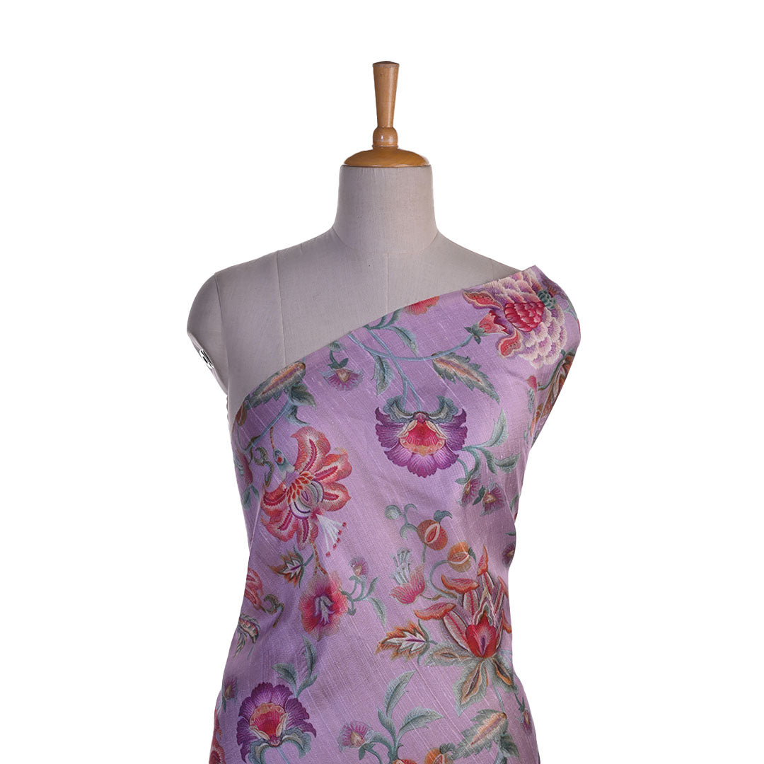 Early Bird Purple Floral Printed Rawsilk Fabric