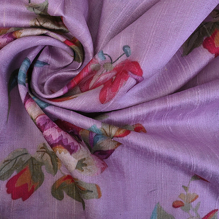 Carolina Plum Purple Floral Printed Raw Silk Fabric