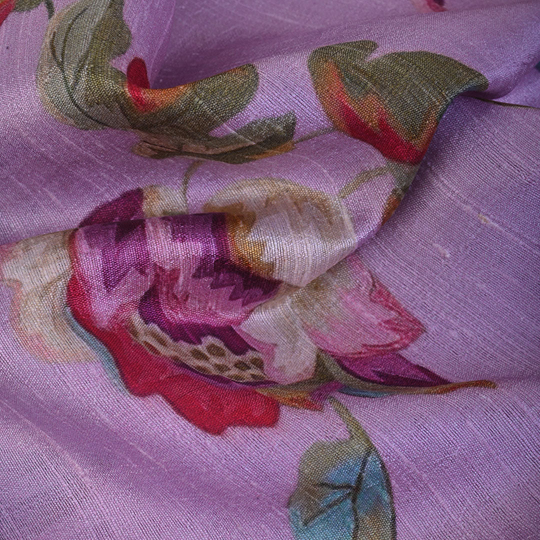 Carolina Plum Purple Floral Printed Raw Silk Fabric