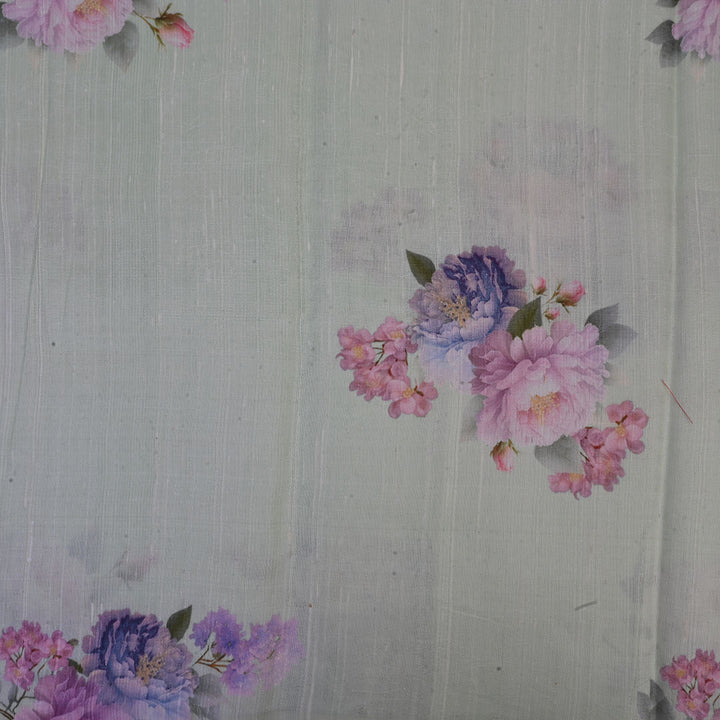 Pastel Green Floral Printed Rawsilk Fabric