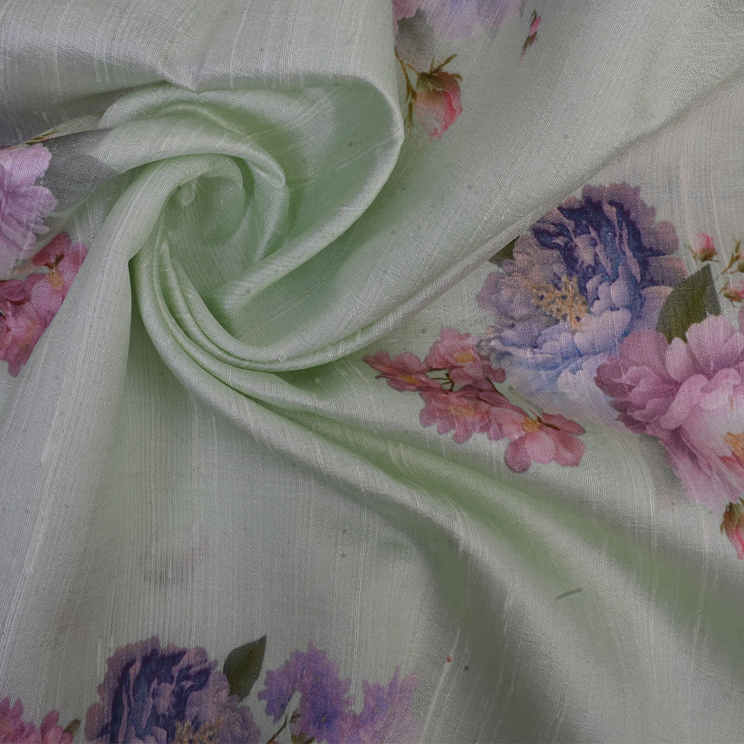 Pastel Green Floral Printed Rawsilk Fabric