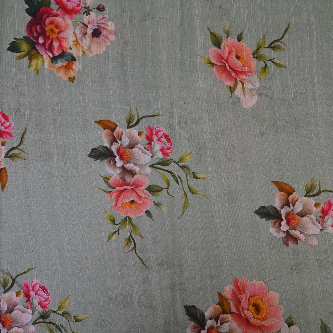 Off-White Floral Printed Rawsilk Fabric