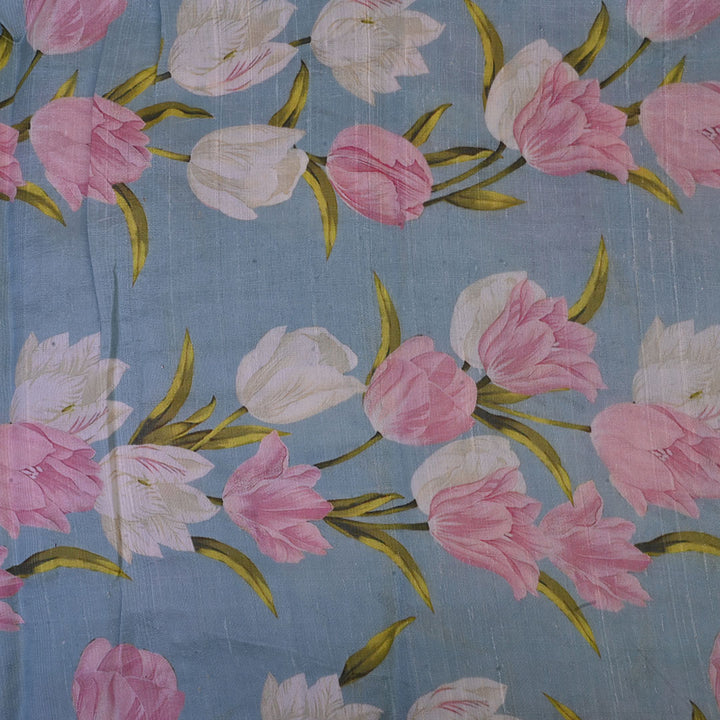 Powder Blue Floral Printed Rawsilk Fabric