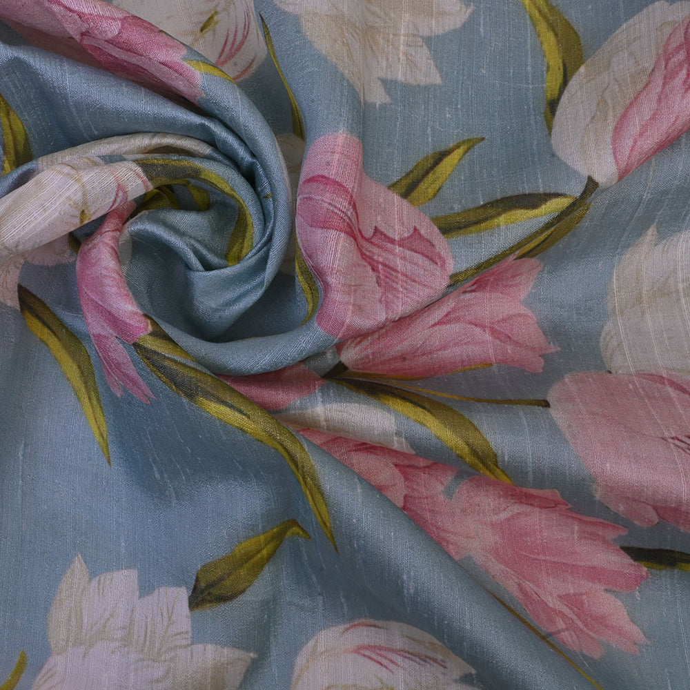 Powder Blue Floral Printed Rawsilk Fabric