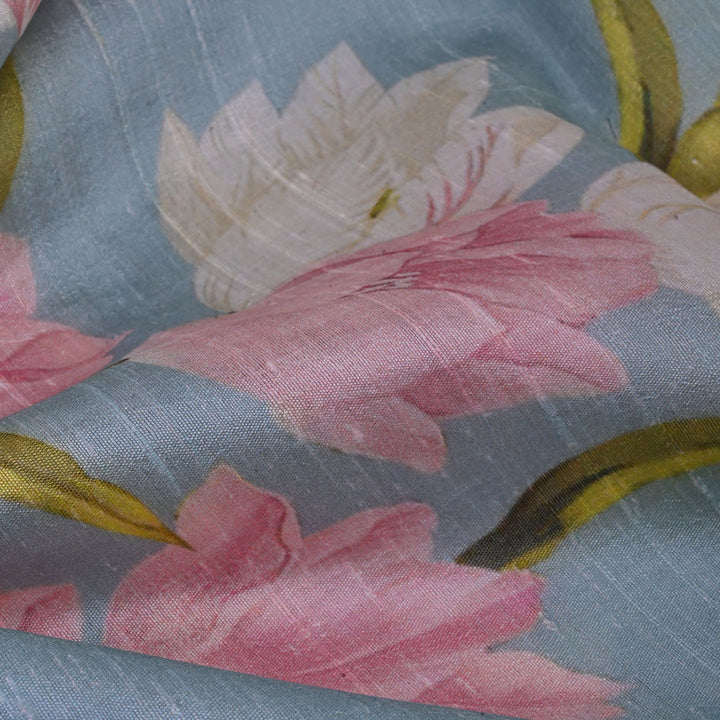 Powder Blue Floral Printed Rawsilk Fabric