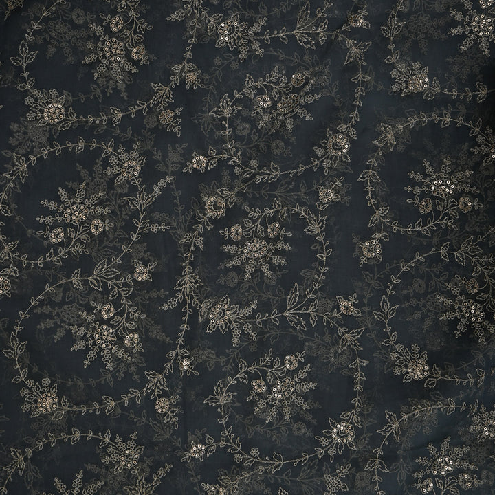 Anchor Grey Floral Embroidered Organza Fabric