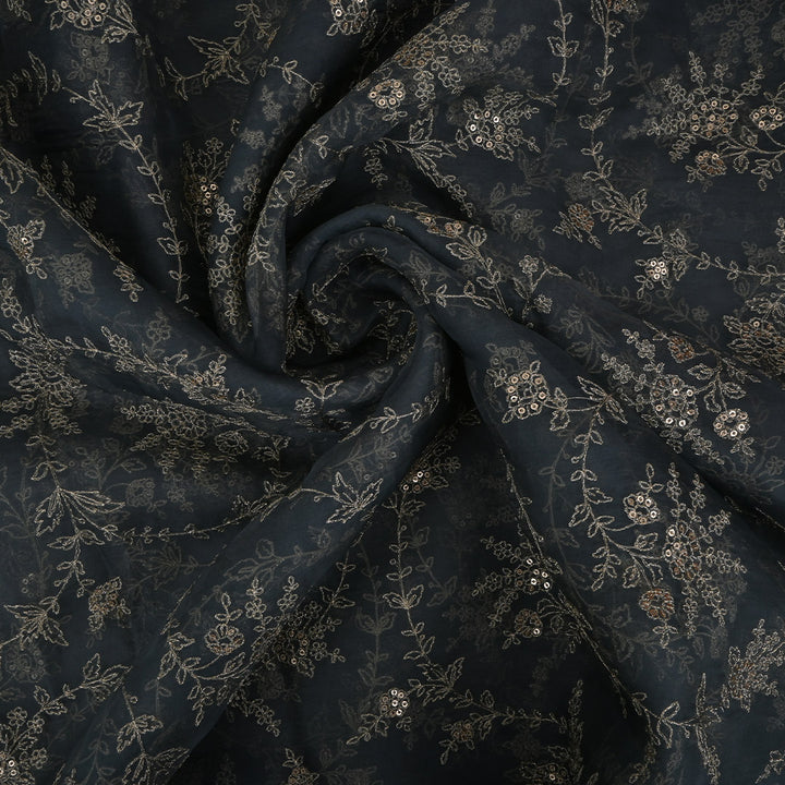 Anchor Grey Floral Embroidered Organza Fabric