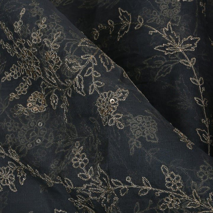 Anchor Grey Floral Embroidered Organza Fabric