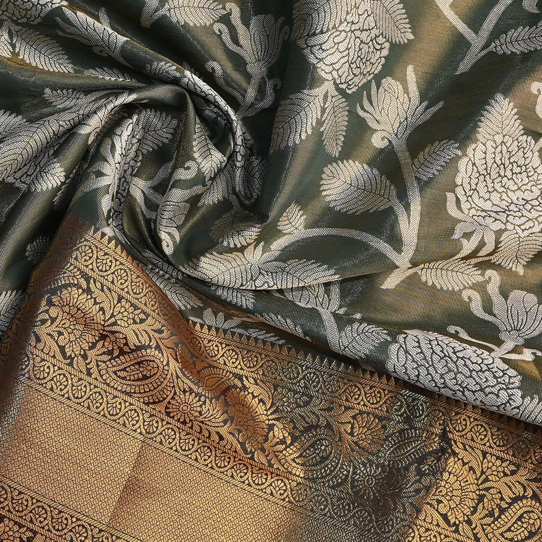 Artichoke Green Floral Jaal Kanchi Silk Fabric