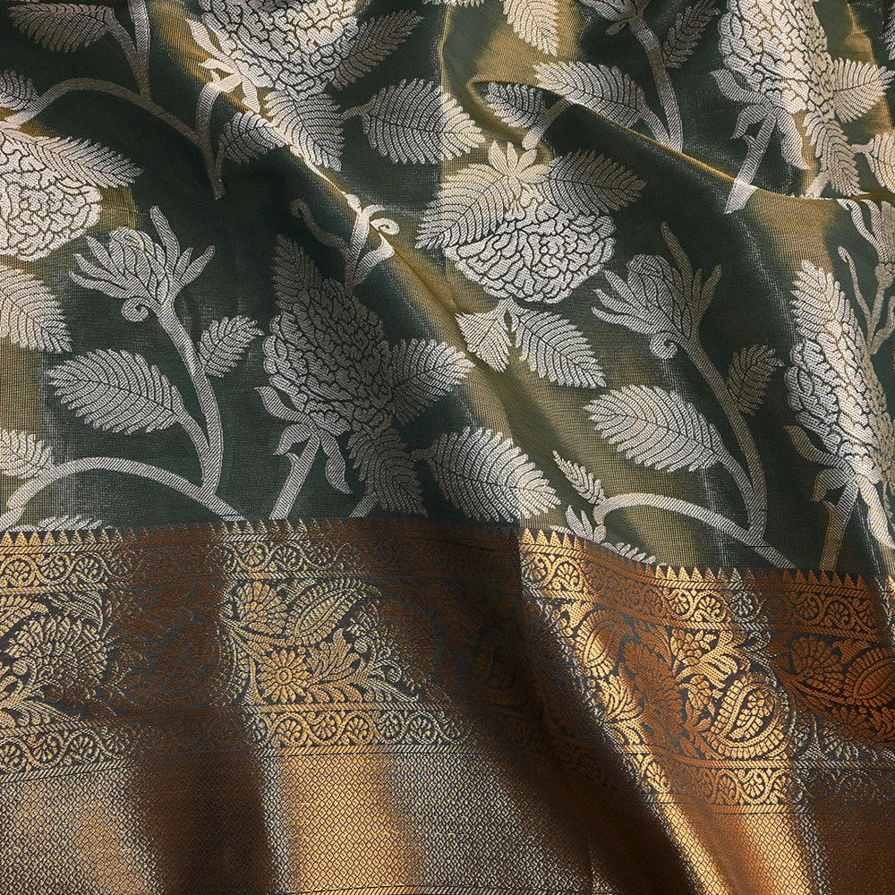 Artichoke Green Floral Jaal Kanchi Silk Fabric