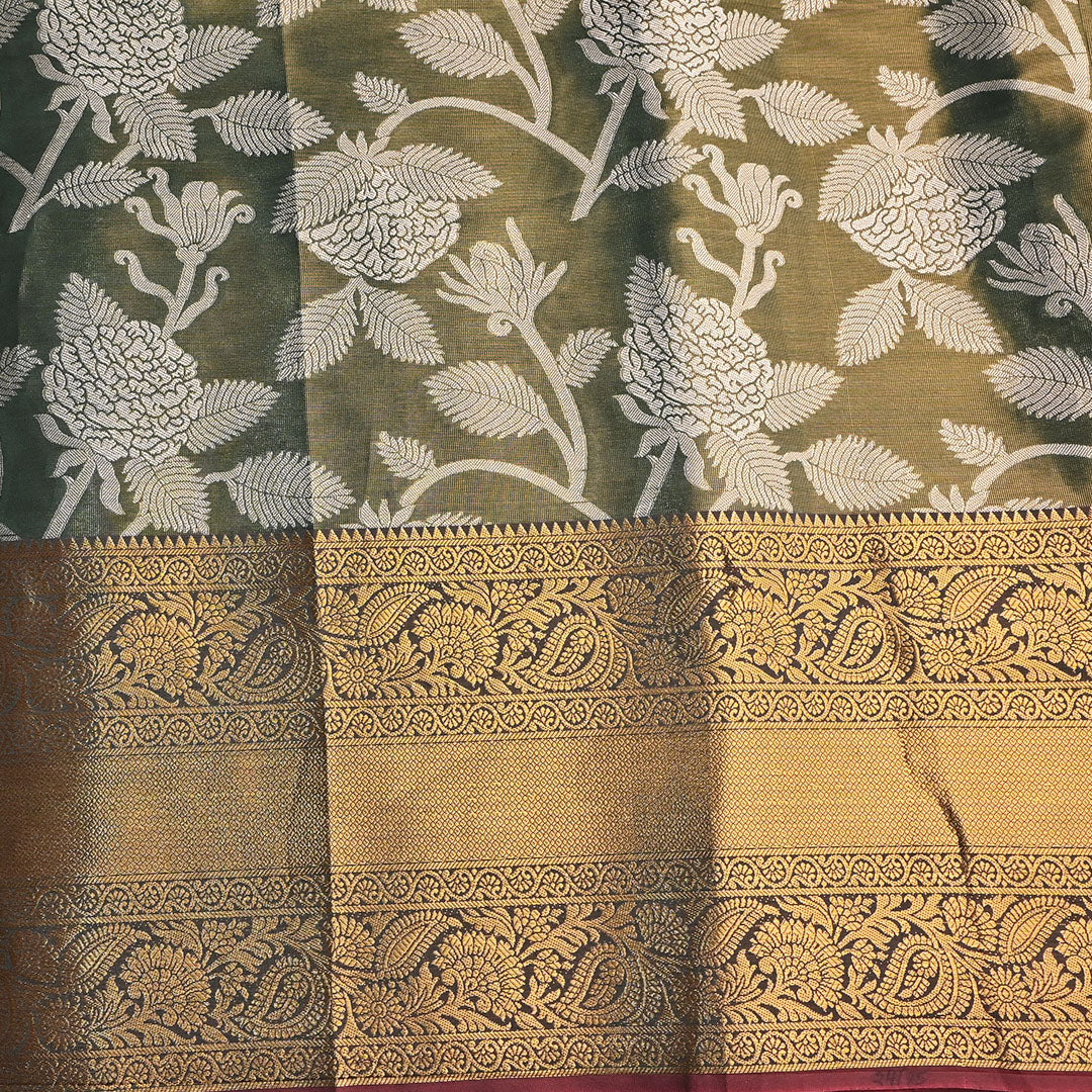 Artichoke Green Floral Jaal Kanchi Silk Fabric