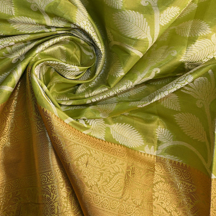 Pear Green Floral Jaal Kanchi Silk Fabric