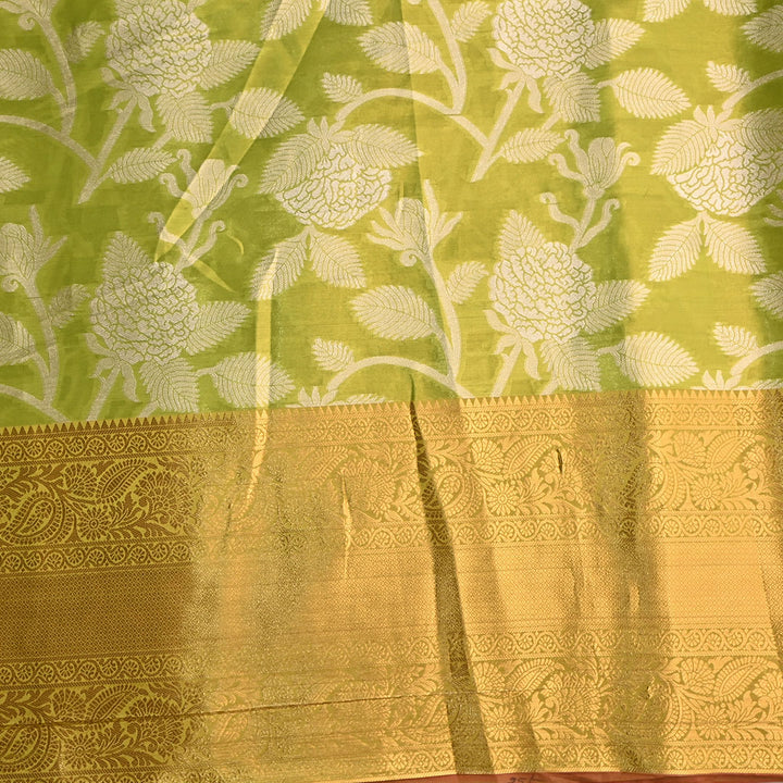 Pear Green Floral Jaal Kanchi Silk Fabric