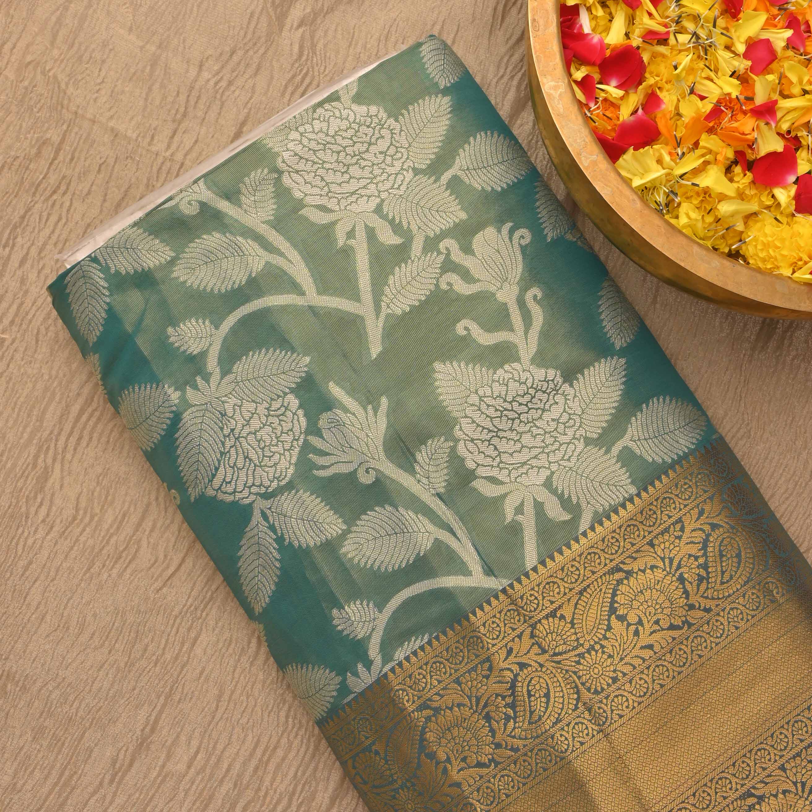 Paris Green Kanchi Tissue Floral Fabric