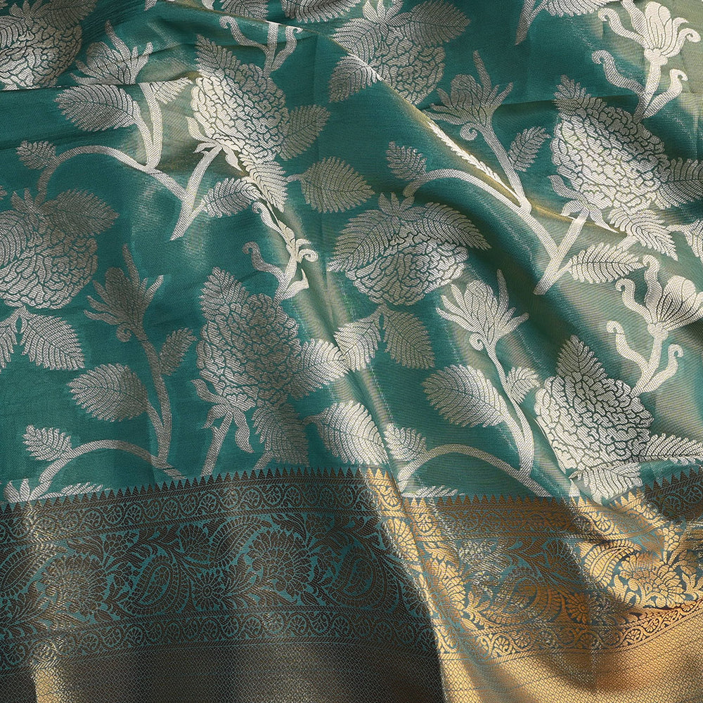 Light Turquoise Floral Jaal Kanchi Silk Fabric