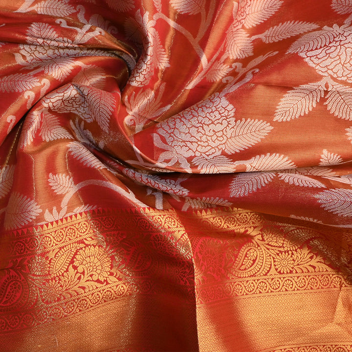 Vermilion Orange Floral Jaal Kanchi Silk Fabric