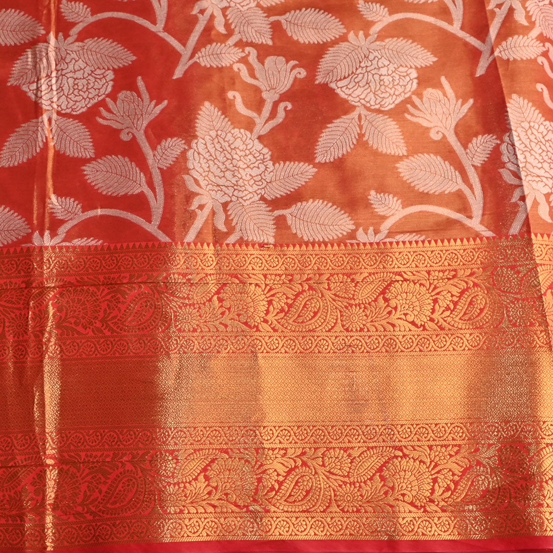 Vermilion Orange Floral Jaal Kanchi Silk Fabric