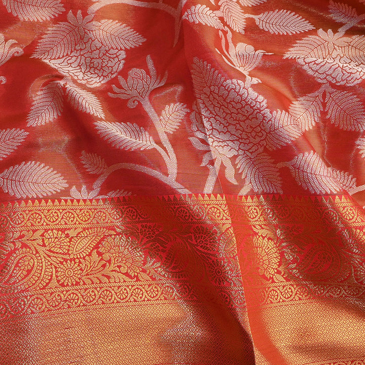 Vermilion Orange Floral Jaal Kanchi Silk Fabric