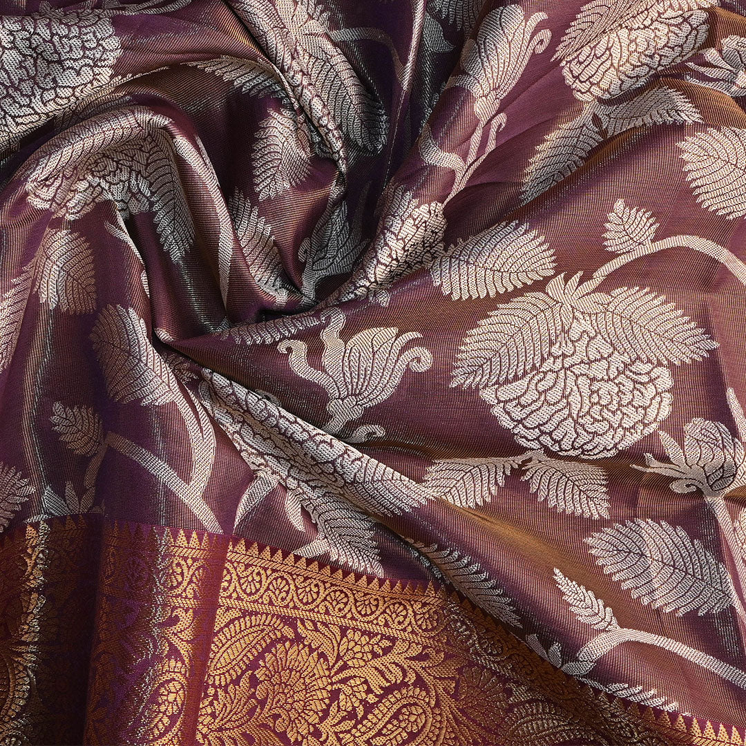 Deep Ruby Purple Floral Jaal Kanchi Silk Fabric