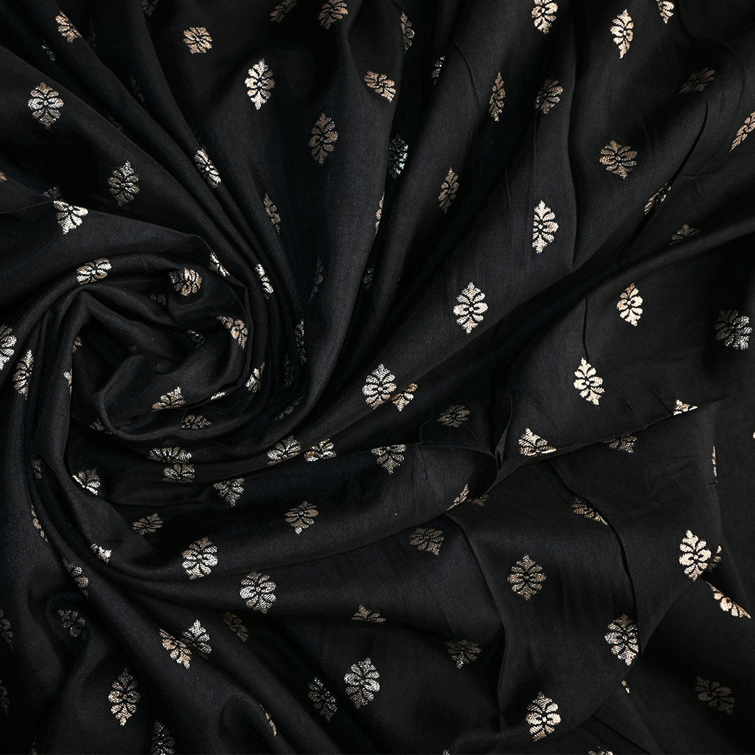 Asphalt Black Floral Butti Banarasi Silk Fabric