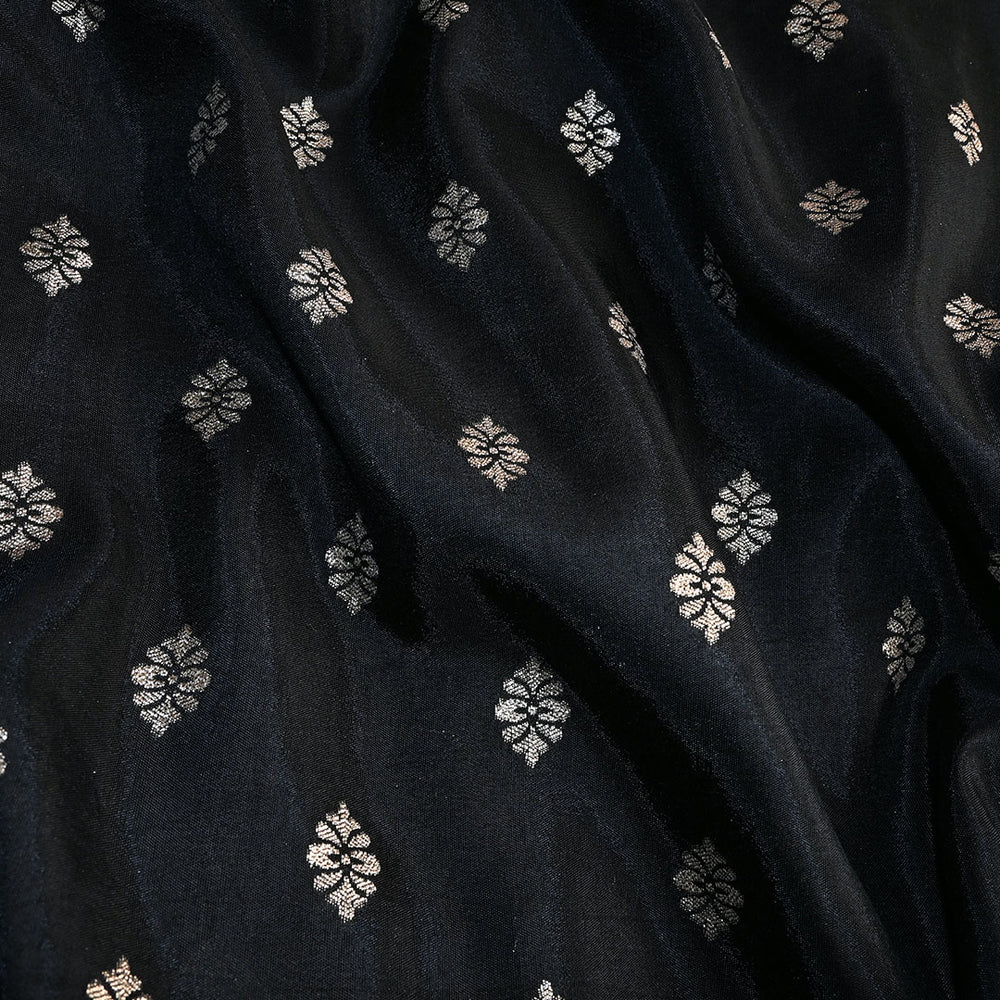 Asphalt Black Floral Butti Banarasi Silk Fabric