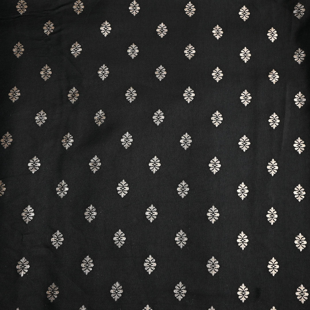 Asphalt Black Floral Butti Banarasi Silk Fabric