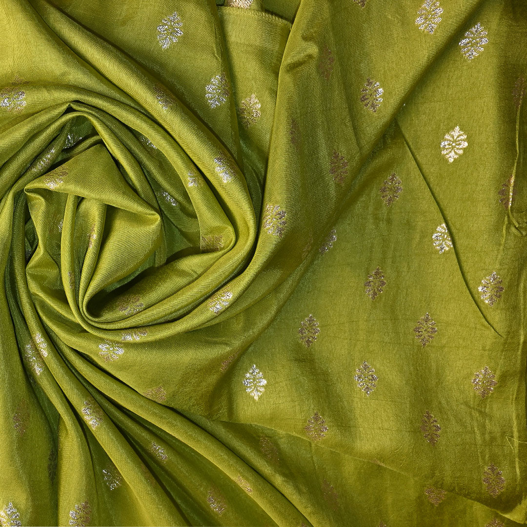 Olive Green Floral Butti Banarasi Silk Fabric