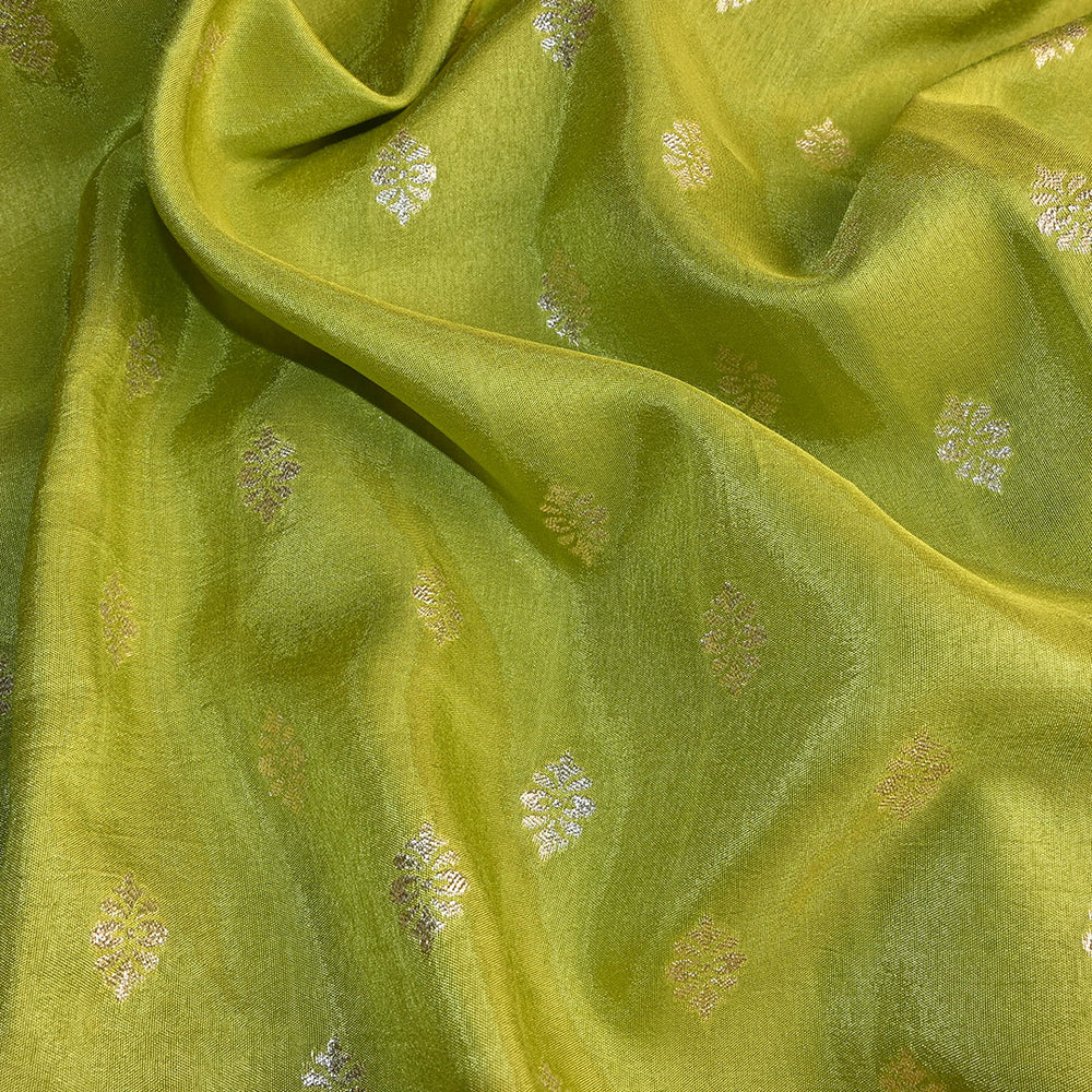 Olive Green Floral Butti Banarasi Silk Fabric