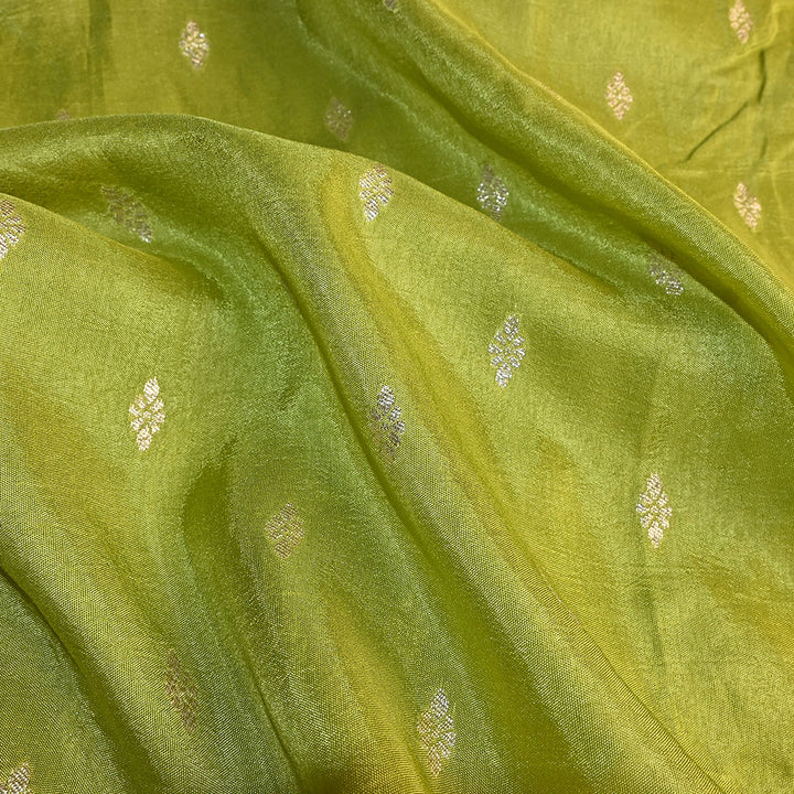 Lime Green Floral Butti Banarasi Silk Fabric