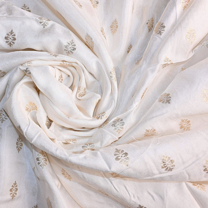 Snow White Floral Butti Banarasi Silk Fabric