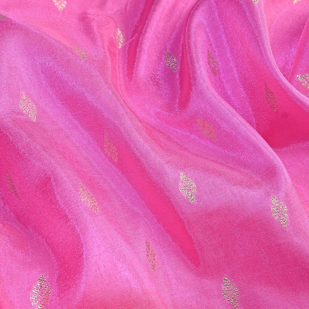 Hot Pink Floral Butti Banarasi Silk Fabric