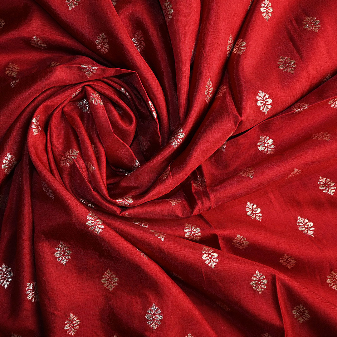 Fire Brick Red Floral Butti Banarasi Silk Fabric