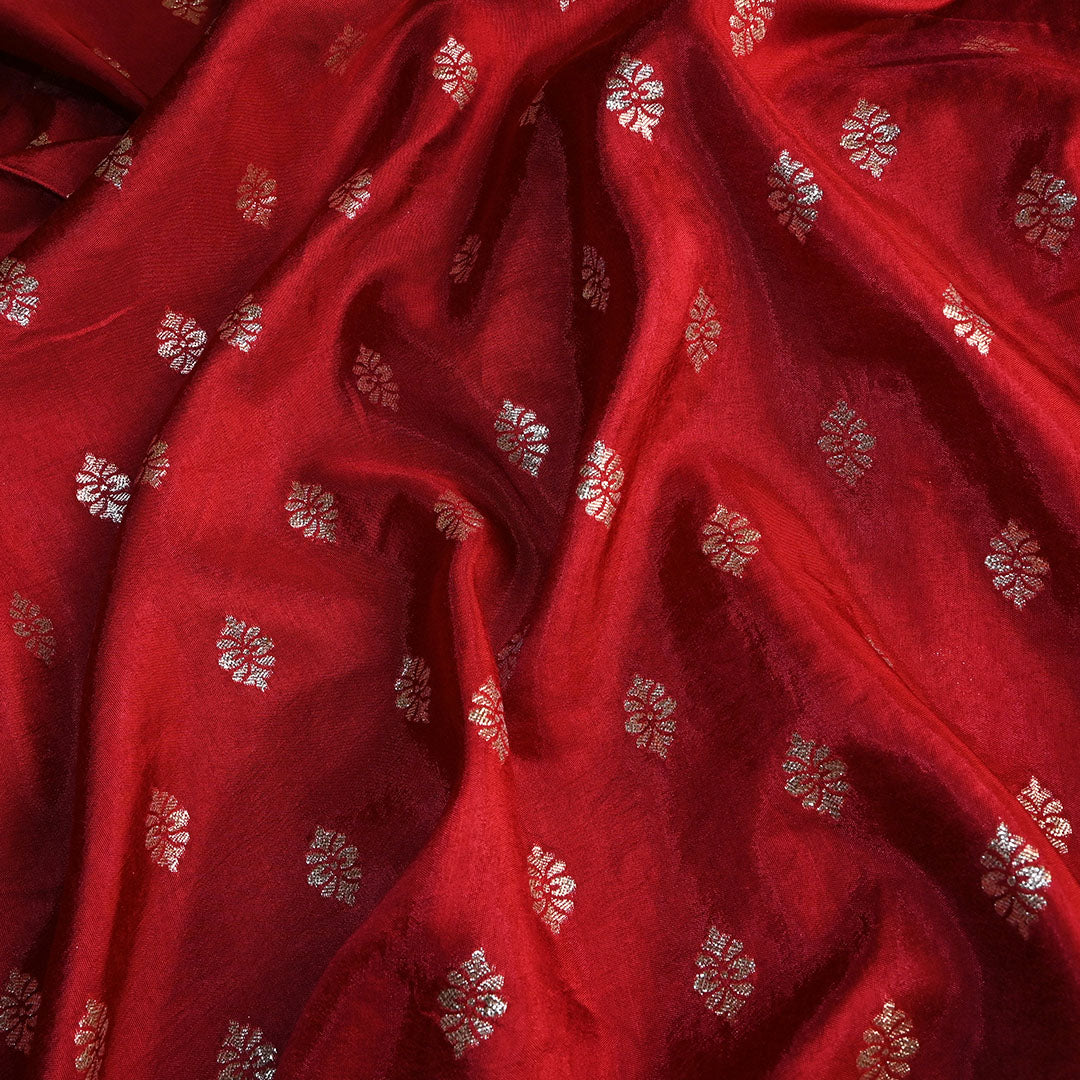 Fire Brick Red Floral Butti Banarasi Silk Fabric