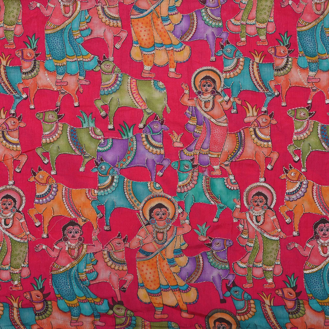 Raspberry Red Printed Pichwai Rawsilk Fabric With Embroidery