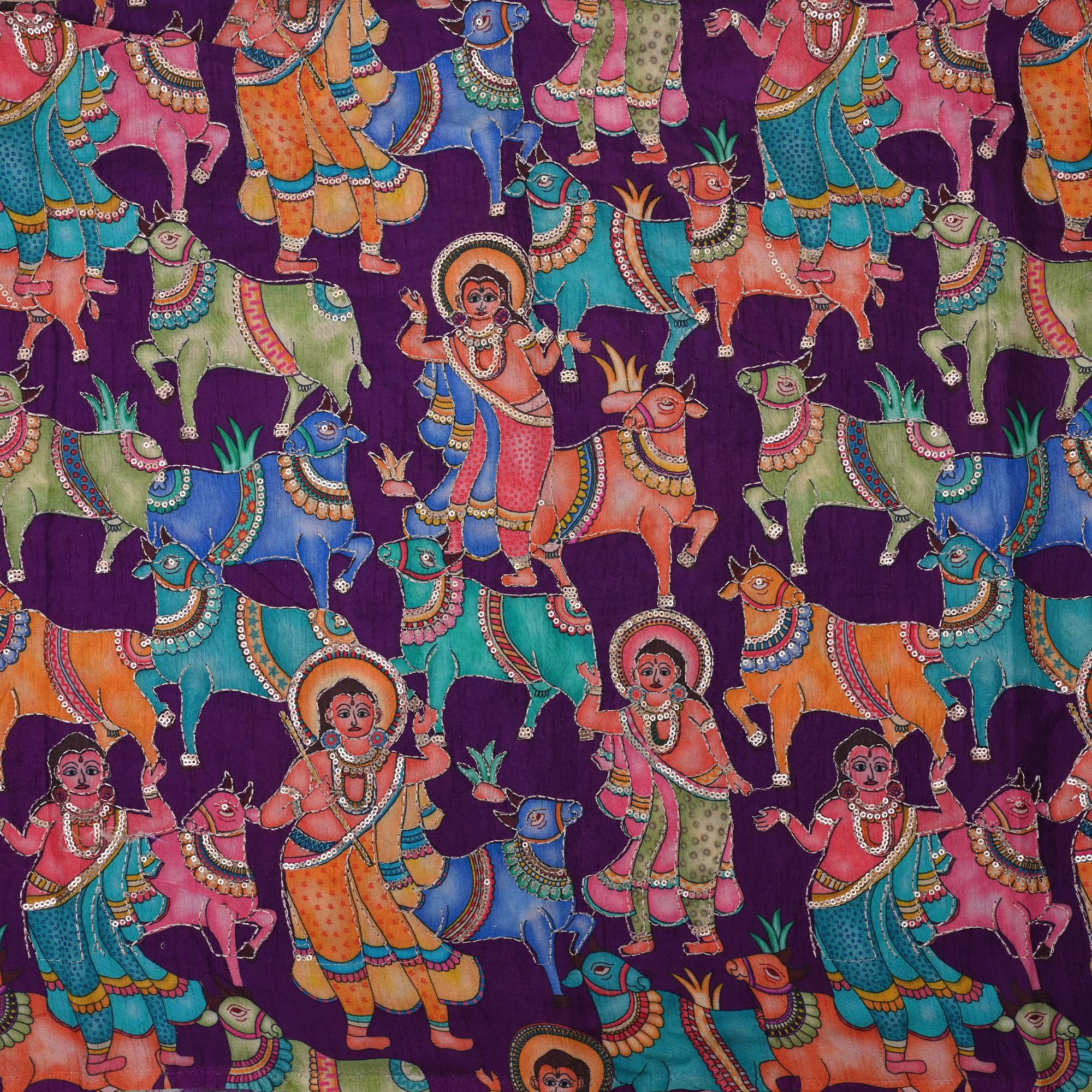 Seance Purple Printed Pichwai Tissue Fabric With Embroidery