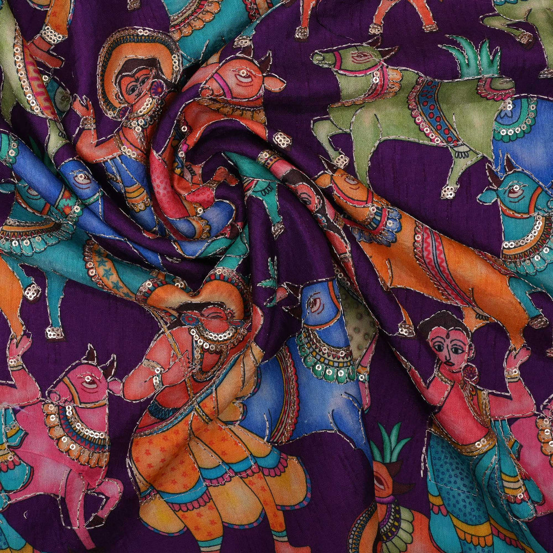 Seance Purple Printed Pichwai Tissue Fabric With Embroidery