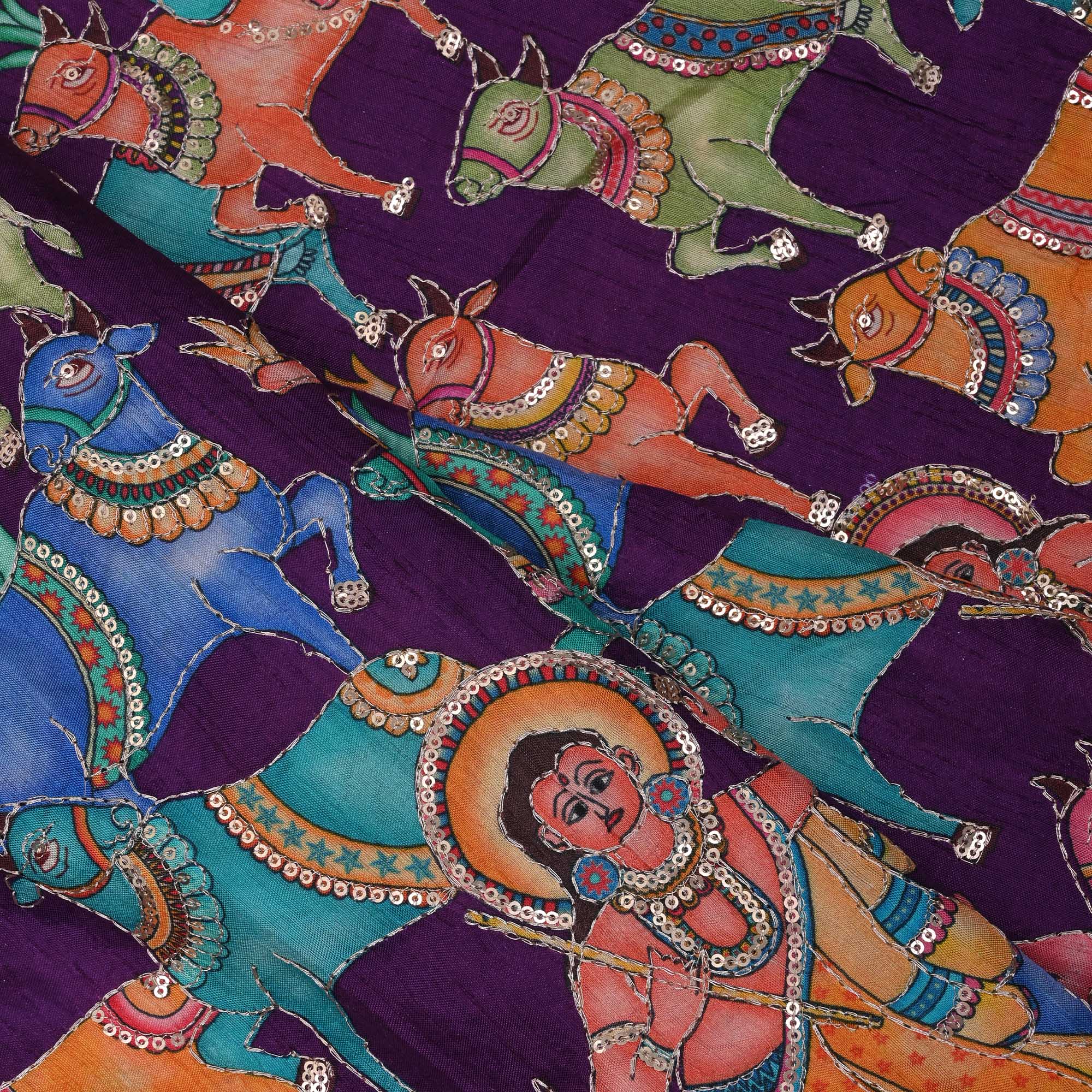 Seance Purple Printed Pichwai Tissue Fabric With Embroidery