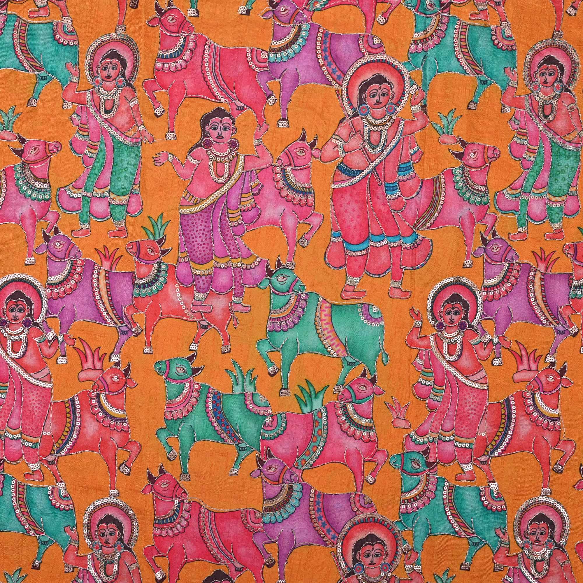 Yellow-Orange Printed Pichwai Rawsilk Fabric With Embroidery