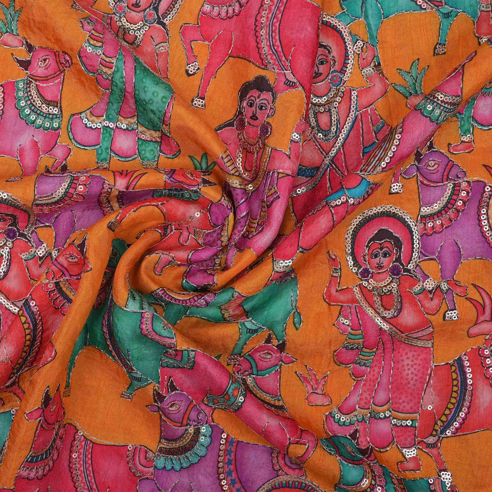 Yellow-Orange Printed Pichwai Rawsilk Fabric With Embroidery