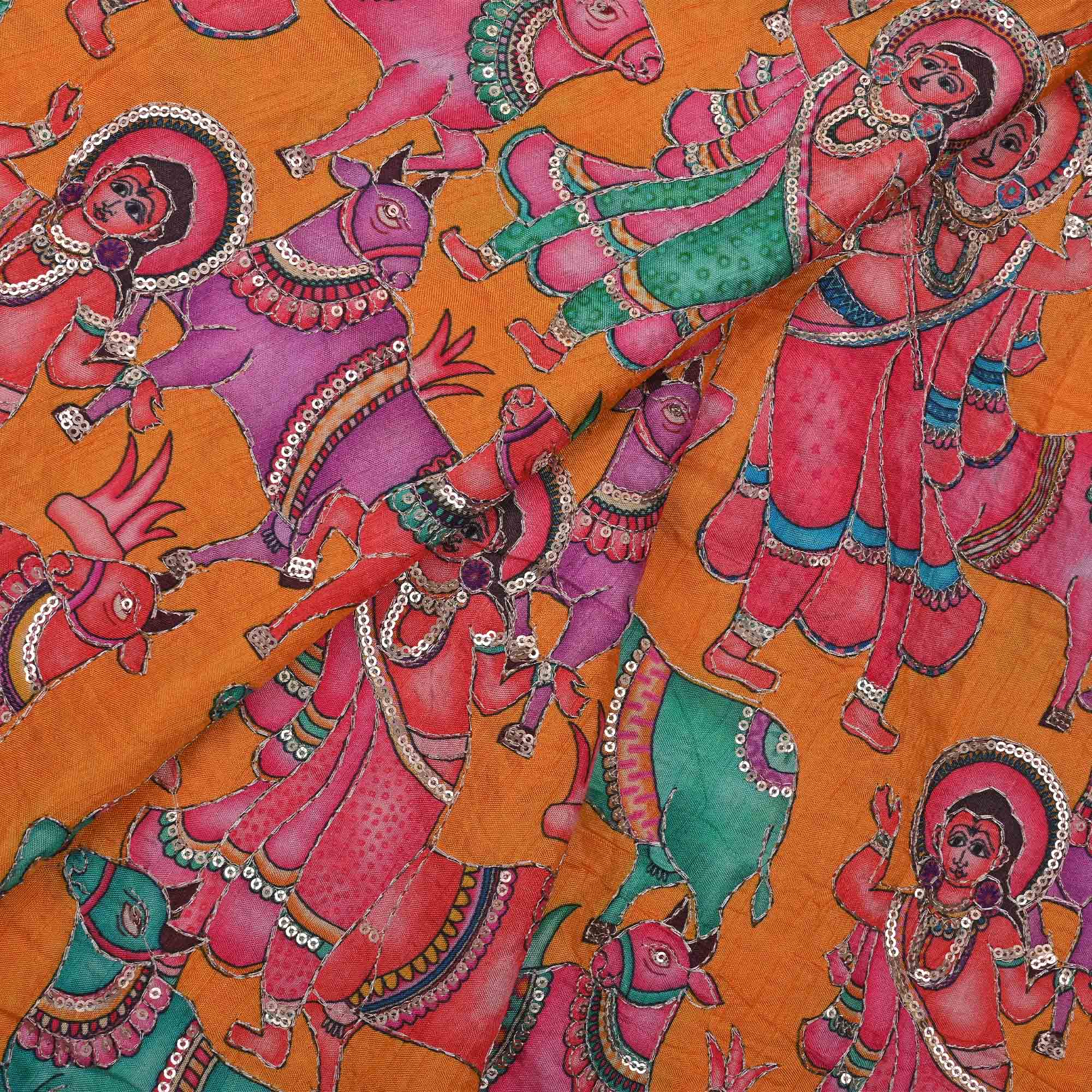 Yellow-Orange Printed Pichwai Raw Silk Fabric With Embroidery
